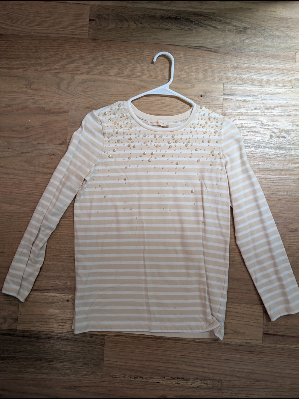Tory Burch Cream and White Striped Long-Sleeve Tee with Pearl Beads Size S